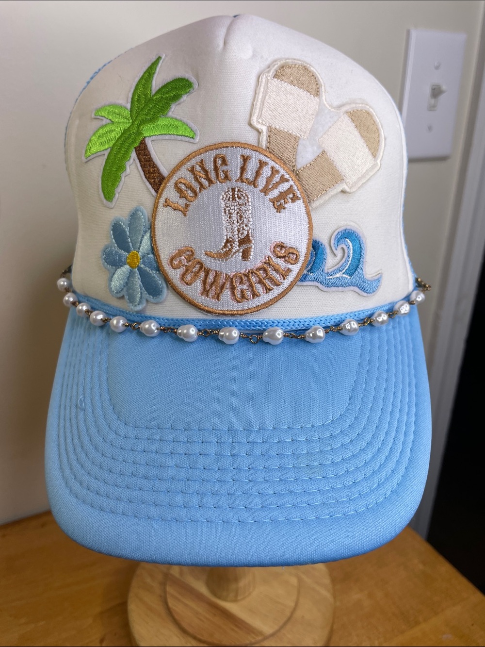 Girls Nissin Embroidered Pearl-Trim Baseball Cap - Light Blue & White